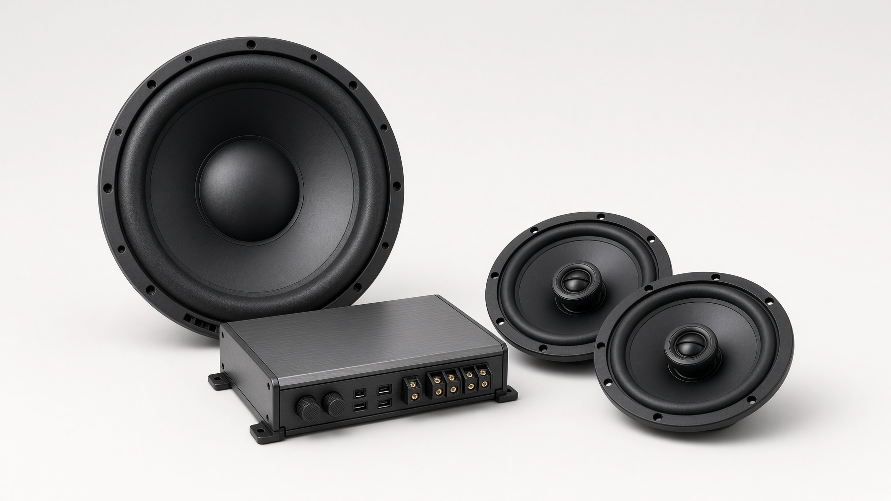 Car stereo and speakers at Audio MotorSports — Pioneer, Hertz, and the gear on the shelf